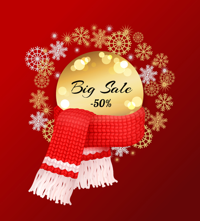 Big winter sale 50 percent off poster with snowflakes, knitted scarf with woolen threads on winter tag with info about discount. Warm neckerchiefs accessoriesのイラスト素材