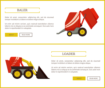 Loader and baler, posters with text sample set. Agricultural machinery for farming works. Agro mechanisms for transporting and compressing vectorのイラスト素材