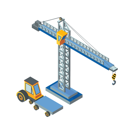 Construction machinery, lifting crane working isolated icon vector. Industry equipment, mechanical devices, automobile with cargo transportation placeのイラスト素材