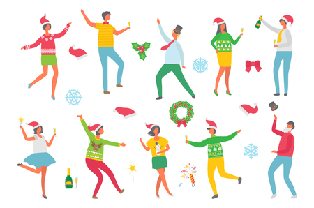Christmas party people and symbolic winter images isolated icons set on white background. Wreaths with mistletoe and spruce evergreen tree. Man and woman dancing togetherのイラスト素材