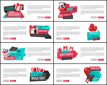 Mega discount, exclusive product on sale banners set vector. Presents in shopping basket, inflatable balloon bought on special shop offer propositionのイラスト素材