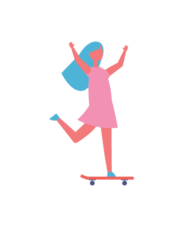 Girl skateboarding in park isolated vector cartoon icon. Child in dress having fun with hands up standing and riding on skateboard, playing outdoorのイラスト素材