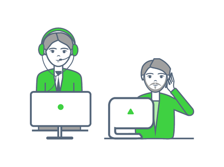Helpline operators of center receive calls vector. Support non stop poster male and female at computers. Telemarketer representatives answer questionsのイラスト素材