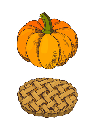 Pumpkin vegetable and baked pie isolated icons set vector. Traditional meal cooked on thanksgiving day, celebration plates and symbols of holidayのイラスト素材