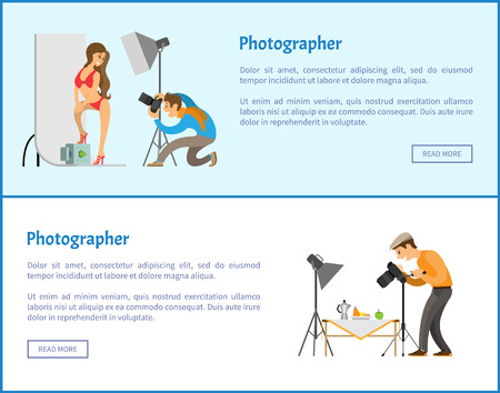 Studio and still life photographers web banners set. Model in swimsuit at backdrop, fruit near teapot composition for photo vector illustrations.のイラスト素材