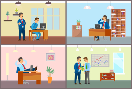 Boss and employees working in office business people set vector. Chief controlling new worker, novice by laptop. Manager talking on phone at workplaceのイラスト素材