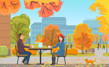 Autumn park and couple drinking coffee near cafe. Woman in hat in front of man with hot beverages among fall trees, ginger cat vector illustration.のイラスト素材