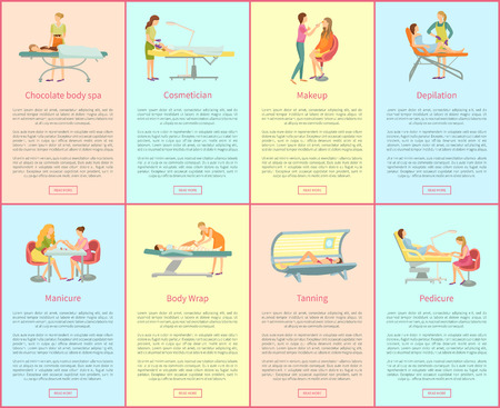 Chocolate body spa and cosmetician, tanning and pedicure posters set with text sample. hair styling, manicure and depilation with wax service vectorのイラスト素材