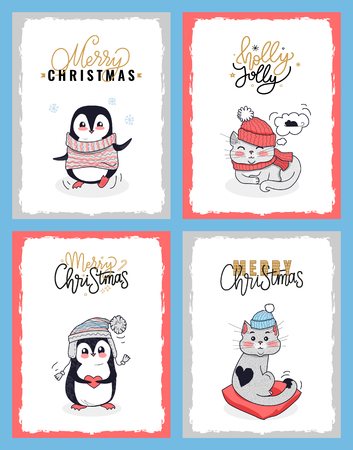 Christmas cards with vector animals in winter clothes. Merry Christmas penguin cards. Cat with the black heart on its fur sending us Merry Christmas whishes.のイラスト素材