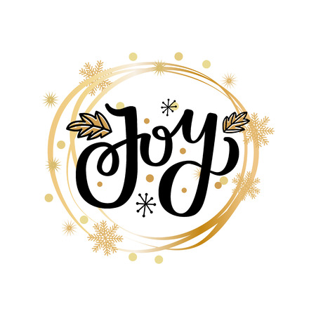 Jot print with leaves and snowflakes, lettering vector winter wreath tag with snowflakes. Winter holidays greetings on New Year, calligraphic doodlesのイラスト素材