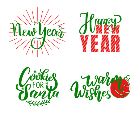 New Year, Happy Holidays and warm wishes, cookies for Santa lettering doodle with wintertime branch and snowflakes. Sweets confectionery vector calligraphyのイラスト素材