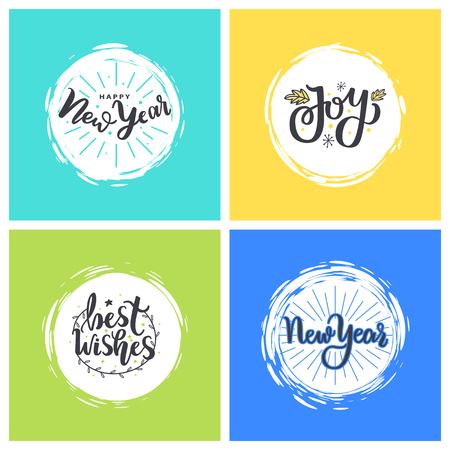 Happy New Year, Joy and best wishes festive greetings. Merry Christmas calligraphic prints, winter lettering isolated in color frames, vector cardsのイラスト素材