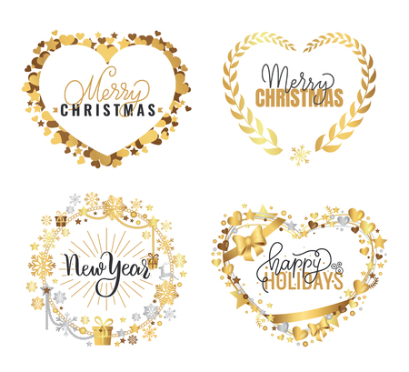 Merry Christmas and Happy New Year festive greetings, calligraphic prints, winter season wishes. Handwritten text on Xmas, lettering in ornament wreathのイラスト素材