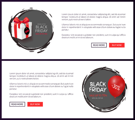 Final Black Friday sale, gift box, wrapped in paper and red helium air balloon, discount vector. Special offer up to 70 percent off label web site pagesのイラスト素材