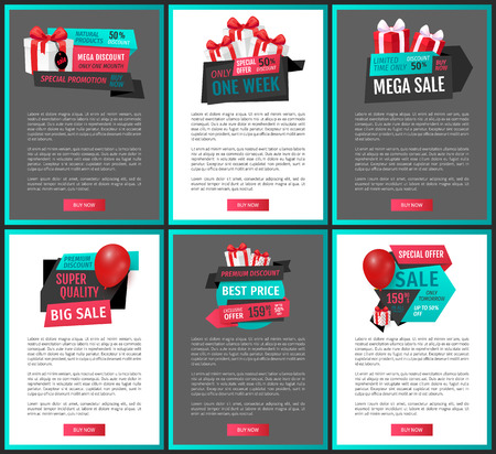 Super quality products, only tomorrow web pages vector. 50 percent reduction, discount on presents and balloons. Gifts clearance, store promotionのイラスト素材