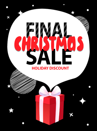Final Christmas sale, holiday discount with speech bubble from wrapped gift box on background of night black sky with stars. Vector total price off leafletのイラスト素材