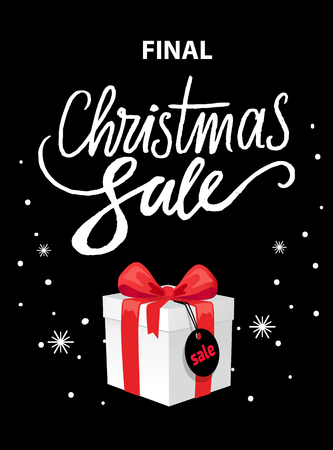 Totally final Christmas sale, wrapped Xmas box with price tag isolated on black with snowflakes. Surprises on winter season of discounts, vectorのイラスト素材