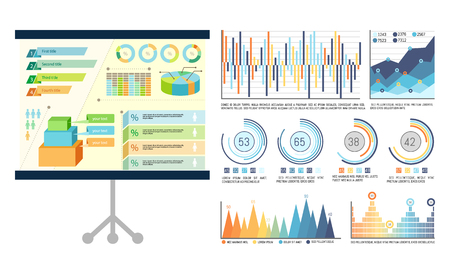Infographics on presentation board, whiteboard used at seminar vector. Schemes visual information, charts and flowcharts showing results statisticsのイラスト素材