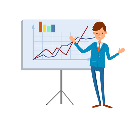 Happy manager pointing on tripod board with growing charts and graphs. Financial analytic making presentation, man in expensive suit in cartoon styleのイラスト素材