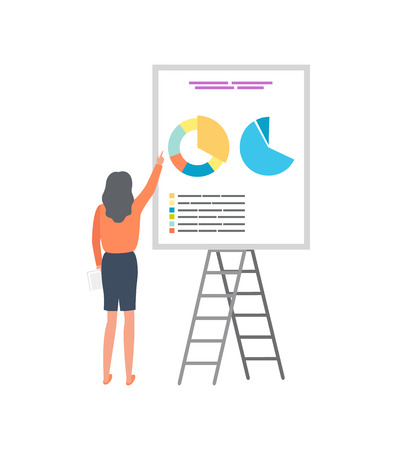 Businesswoman analyzing sales and investments of company. Worker planning professional strategy, reporter pointing on pies and charts presenting report, vectorのイラスト素材