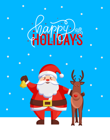 Happy Holidays greeting Christmas card with Santa Claus. Vector image of cartoon character and hero standing together with jingle bell and reindeerのイラスト素材