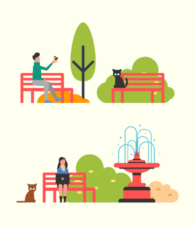People sitting on bench in city park, autumn season. Vector man and bird, woman working with laptop, cat on wooden seat, fountain and trees, color bushesのイラスト素材