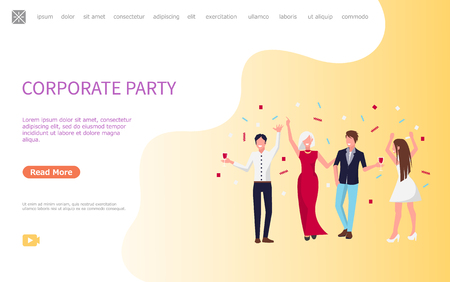 Corporate and birthday party with celebrating communicating people. Cheerful men in office style and women in dress drinking wine vector web designのイラスト素材