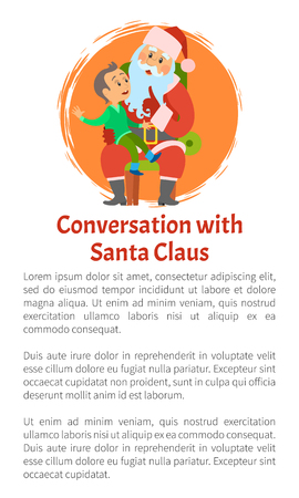 Conversation with Santa vector poster. Merry Christmas postcard with Saint Nicholas and little boy. Kid tells dreams to Father Frost, making wishes vectorのイラスト素材