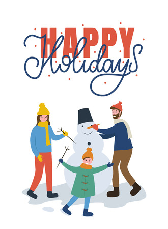 Happy holidays with cheerful mum and child holding branch near dad fixing carrot nose. Parents and kid in warm clothes making snowman outdoor vectorのイラスト素材