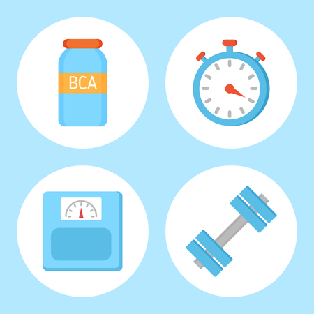 BCAA vitamin and timer set isolated icons. Weight device measuring kilo, dumbbells for muscles growth. Sport equipments for training, exercices vectorのイラスト素材