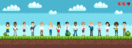 Character selection for playing game, standing men and women on green landscape with bushes. Pixel art illustration with cloudy sky and hearts vectorのイラスト素材