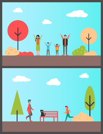 Family in autumnal park, boy teenagers jogging vector. People enjoying sunny days of fall season, cat sitting on bench. Sport male working out runningのイラスト素材