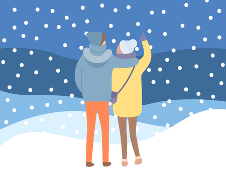 Standing back of embracing man and woman in hat and jacket with handbag and colorful trousers. Happy couple outdoor on snowing hills at night vectorのイラスト素材