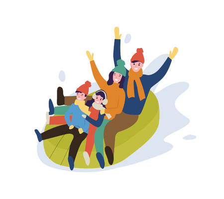 Family mother and father, children having fun vector. Winter leisure cold weather people going down slope, downhill on rubber boat happy relativesのイラスト素材