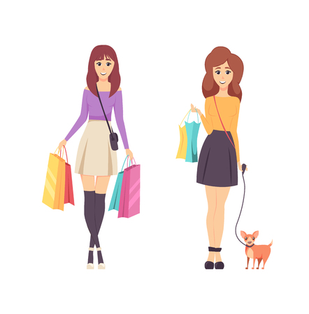 Shopping young women carrying lots of bags vector. Lady returning from shops with packages and bought items. Purchased in hands of girls, walking dogのイラスト素材