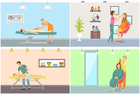 Spa salon body wrapping and hairstyling vector posters set. Body massage and makeup procedure made by cosmetician, beauty room interiors with specialistsのイラスト素材