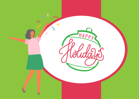 Happy holidays poster, woman in skirt and sweater bang flapper. Confetti, vector female and party cracker exploding, flat design. Girl celebrating New Yearのイラスト素材