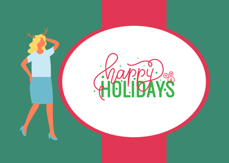 Happy holidays poster, woman in blue skirt and t-shirt, reindeer horns accessory on head. Vector female in flat design. Girl celebrating Xmas partyのイラスト素材