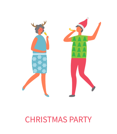 Christmas party an in red hat and trousers and green t-shirt, woman in blue dress and decoration on head and with glass of champagne vector illustrationのイラスト素材