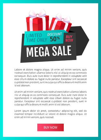 Mega sale, limited time only isolated present label web page template vector. 50 percent reduced cost, present with bow. Good bargain, special shop dealのイラスト素材