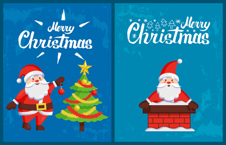 Merry Christmas, Santa Claus looking out chimney pipe,decorating Xmas tree vector winter character on green grunge backdrop, New Year holidays cardsのイラスト素材