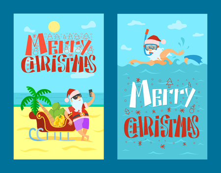 Merry Christmas, Santa Claus and sleigh full of bananas and grapes, palm tree. Vector New Year Character sweaming in warm sea in diving mask and flippersのイラスト素材