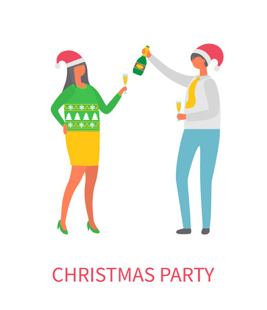 Christmas party, couple drinking alcohol champagne vector. People celebrating approaching on new year, woman wearing symbolic red Santa Claus hatのイラスト素材