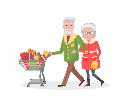 Senior couple grandmother and grandfather do shopping together. Elderly people with cart full of presents, wrapped gift boxes, spend time together, vectorのイラスト素材