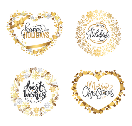 Holly Jolly, Merry Christmas, New Year, Happy Holidays and warm wishes, cookies for Santa lettering text, Xmas greeting cards with ornamental golden frames and heart form on white backgroundのイラスト素材