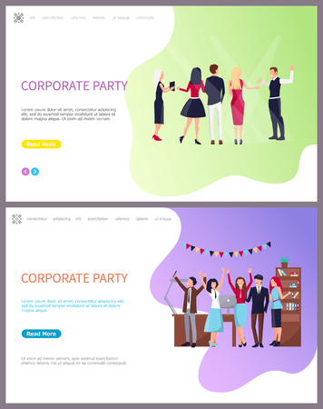 Corporate party, coworkers celebrating holiday together vector. People taking videos and photos, dancing and having fun at workplace in office cabinetのイラスト素材