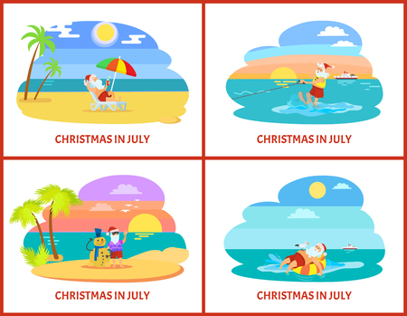 Christmas in July with Santa laying on chaise-lounge with parasol and standing with snowman, going on water skiing on sunset view vector holiday postcardのイラスト素材