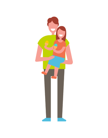 Dad holding daughter on hands vector illustration isolated on white. Father and little girl smiling and having fun together, happy family kid and parentのイラスト素材