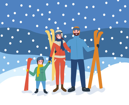 Skiing family, wintertime sports hobby of people vector. Vacation of parents and kid holding equipment for ski, skiers standing in snowfall outdoorsのイラスト素材