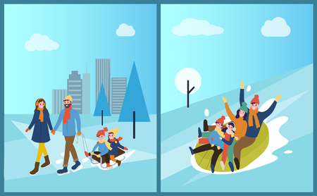 Family tubing and children sitting on sledges vector. Wintertime in park, outdoors activities of mother and father, kids in winter park having funのイラスト素材